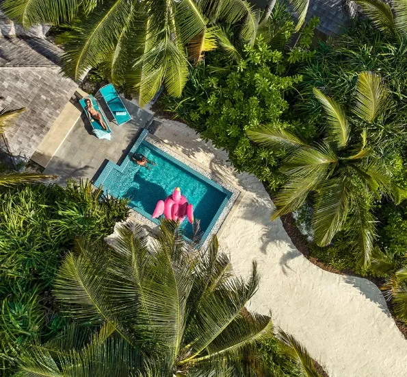 A beach villa with its pool, seen from above among the palms