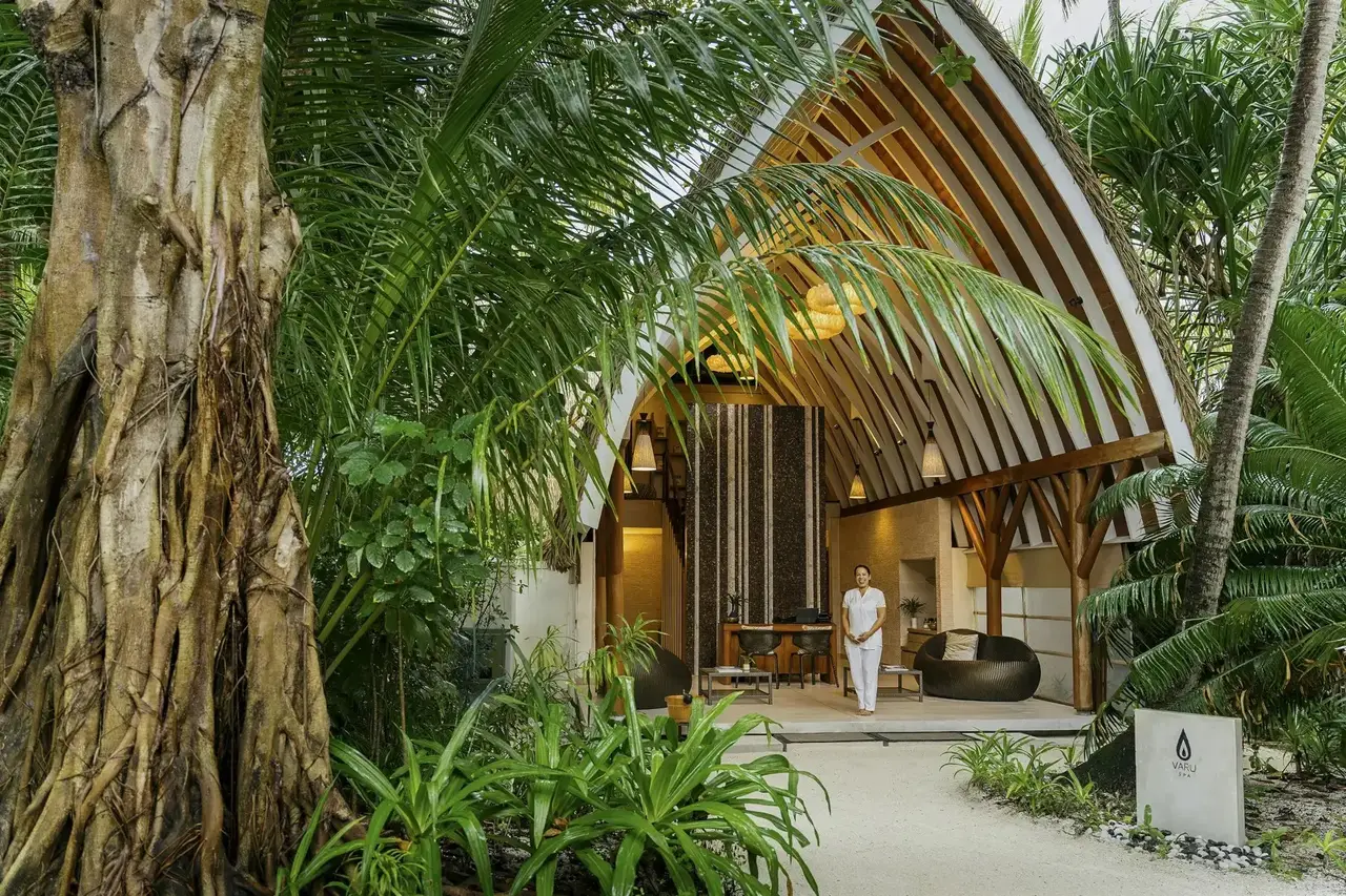The Varu Spa’s entrance among the trees, under its sail-shaped timber roof