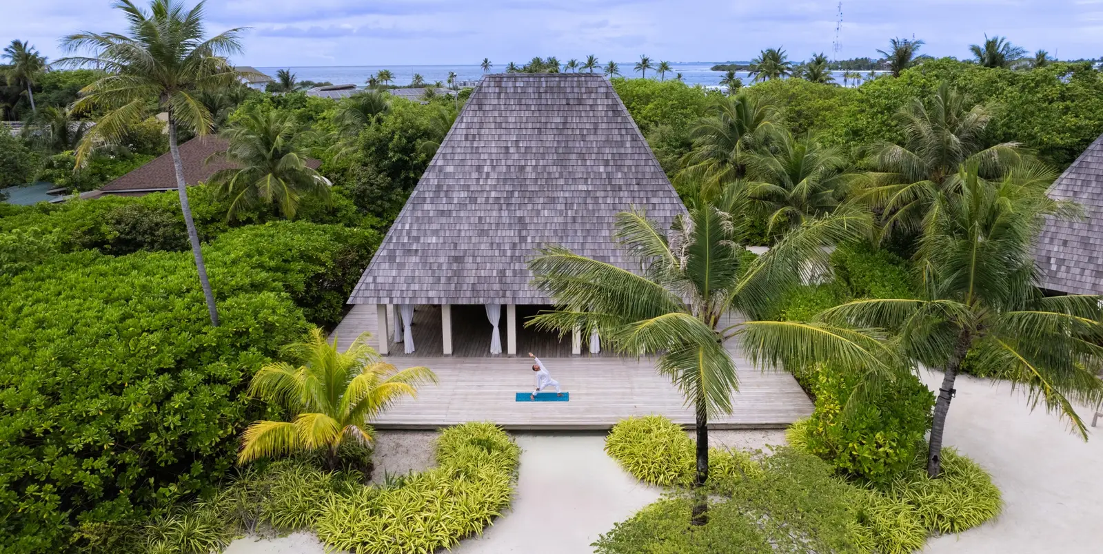 The yoga pavilion from above, its pointed thatched roof among the palms.