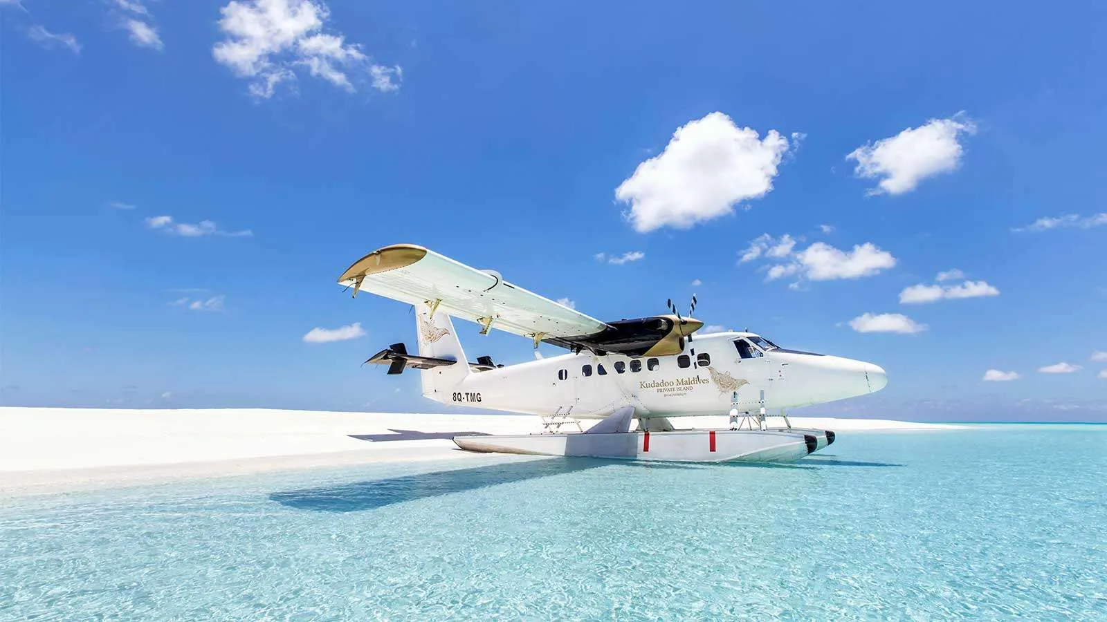 The seaplane resting on the shallows beside a sandbank