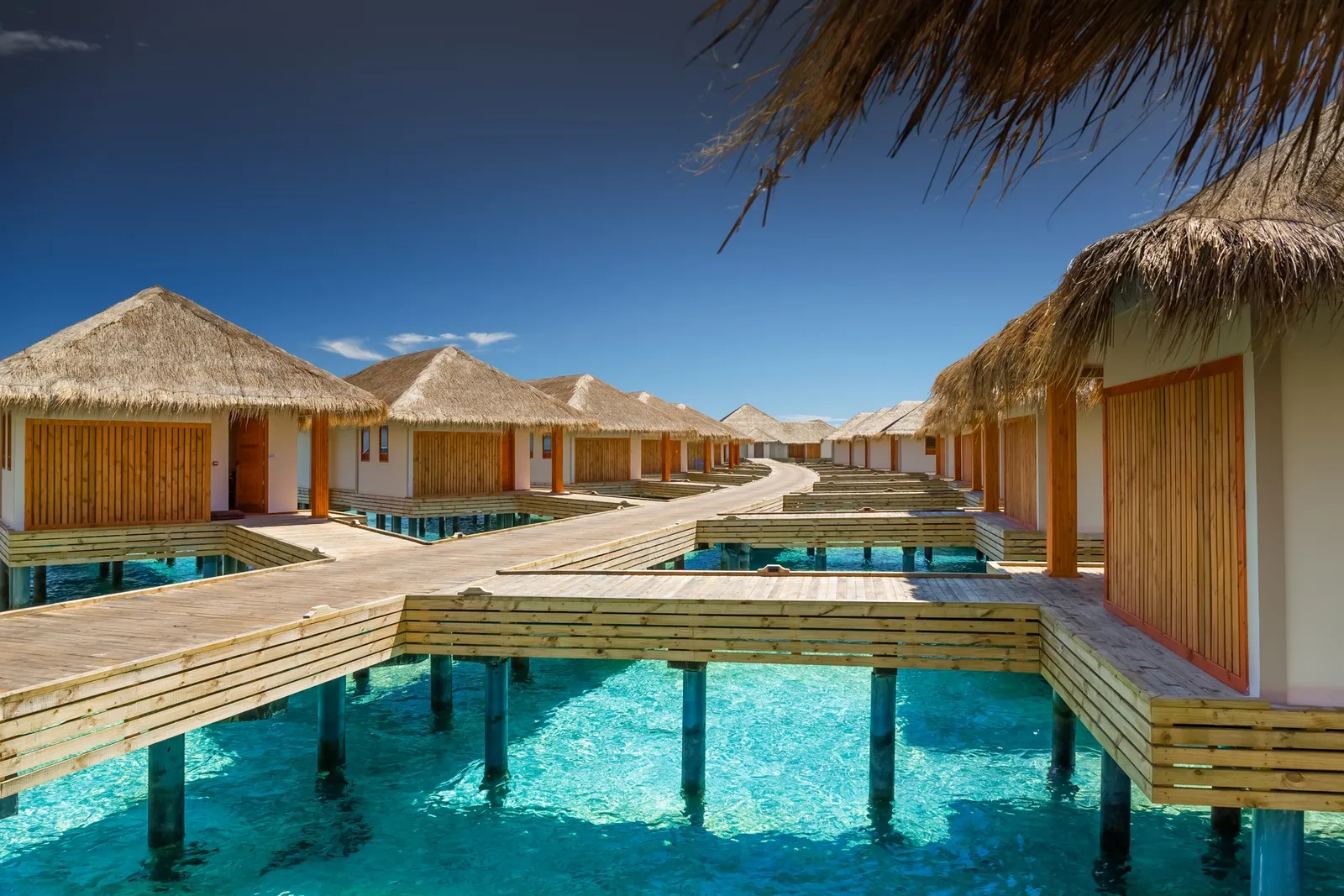 The timber walkway between the water villas, with their thatched roofs and the clear lagoon beneath.