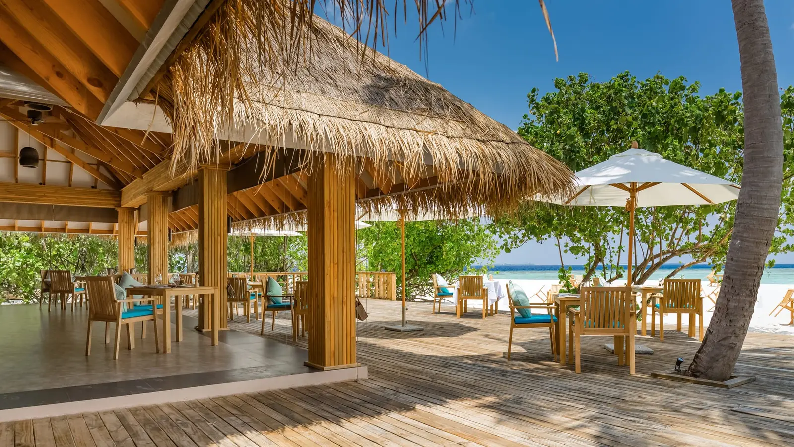 Olive Me’s veranda under its thatched roof, with timber tables and the beach beyond the palms.