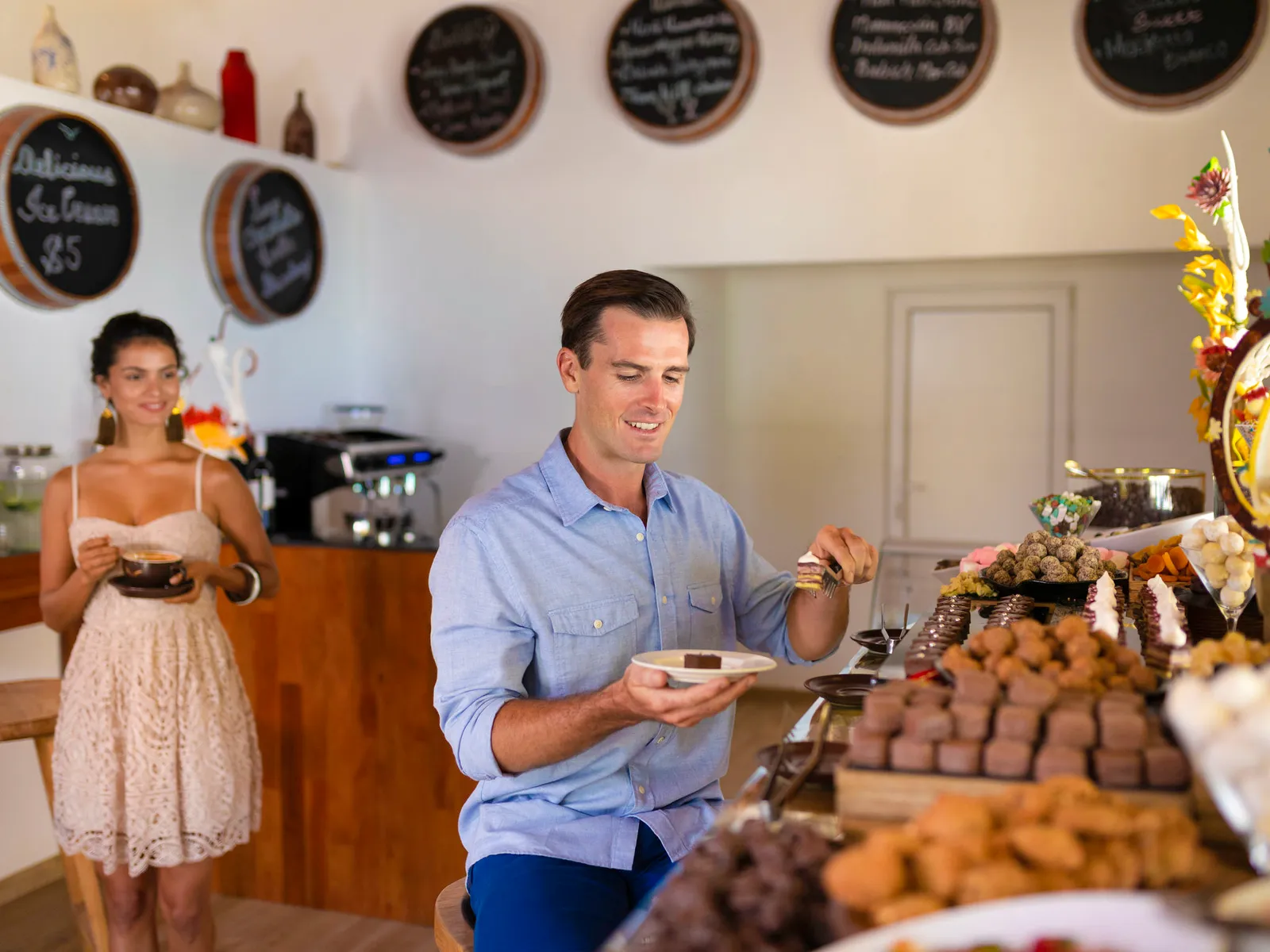 A couple at the chocolate dessert counter