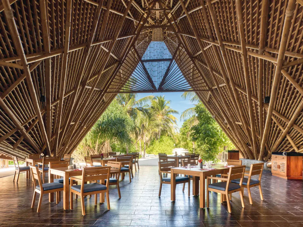 ONU Marché’s dining room beneath its great bamboo roof
