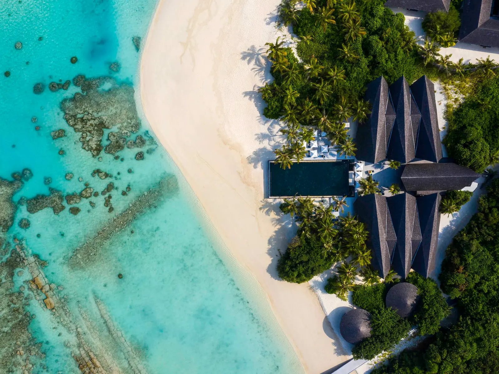 The beach, the lagoon and the dark coral from above
