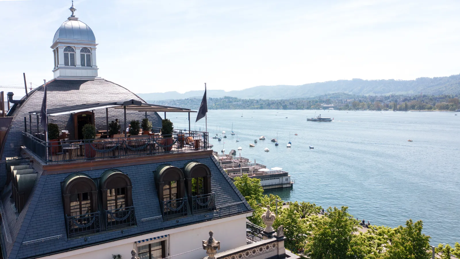 The hotel rooftop overlooking the lake