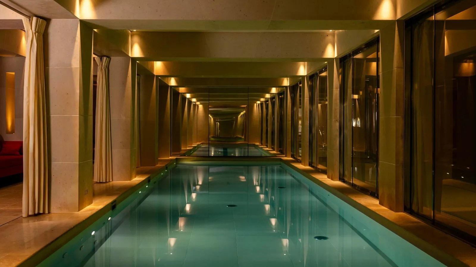 An indoor pool between columns and gilded walls