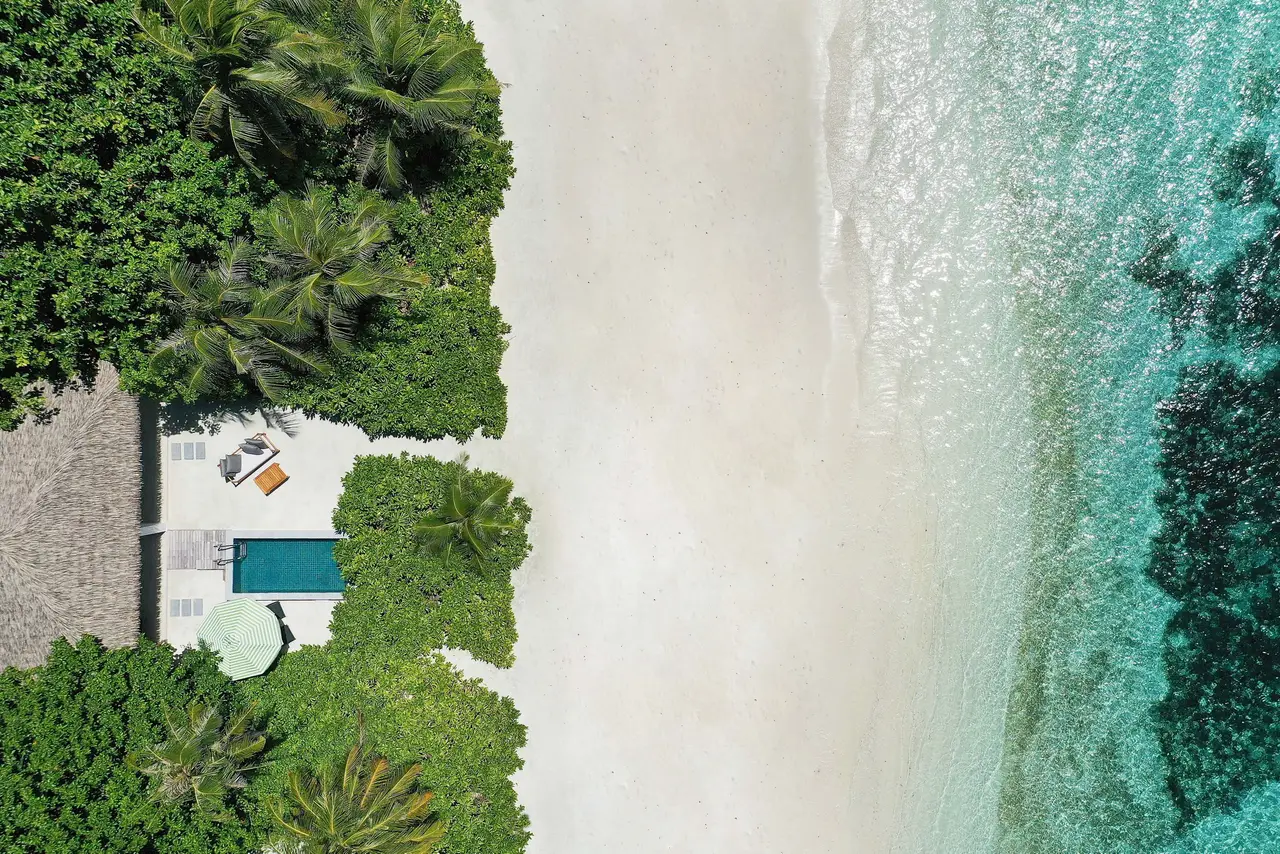 A Two Bedroom Beach Pool Villa from above, between the garden and the beach