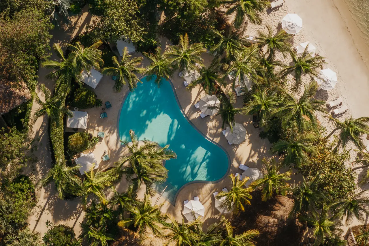 The pool from above: its lagoon shape among the palms, white parasols and sand all round.