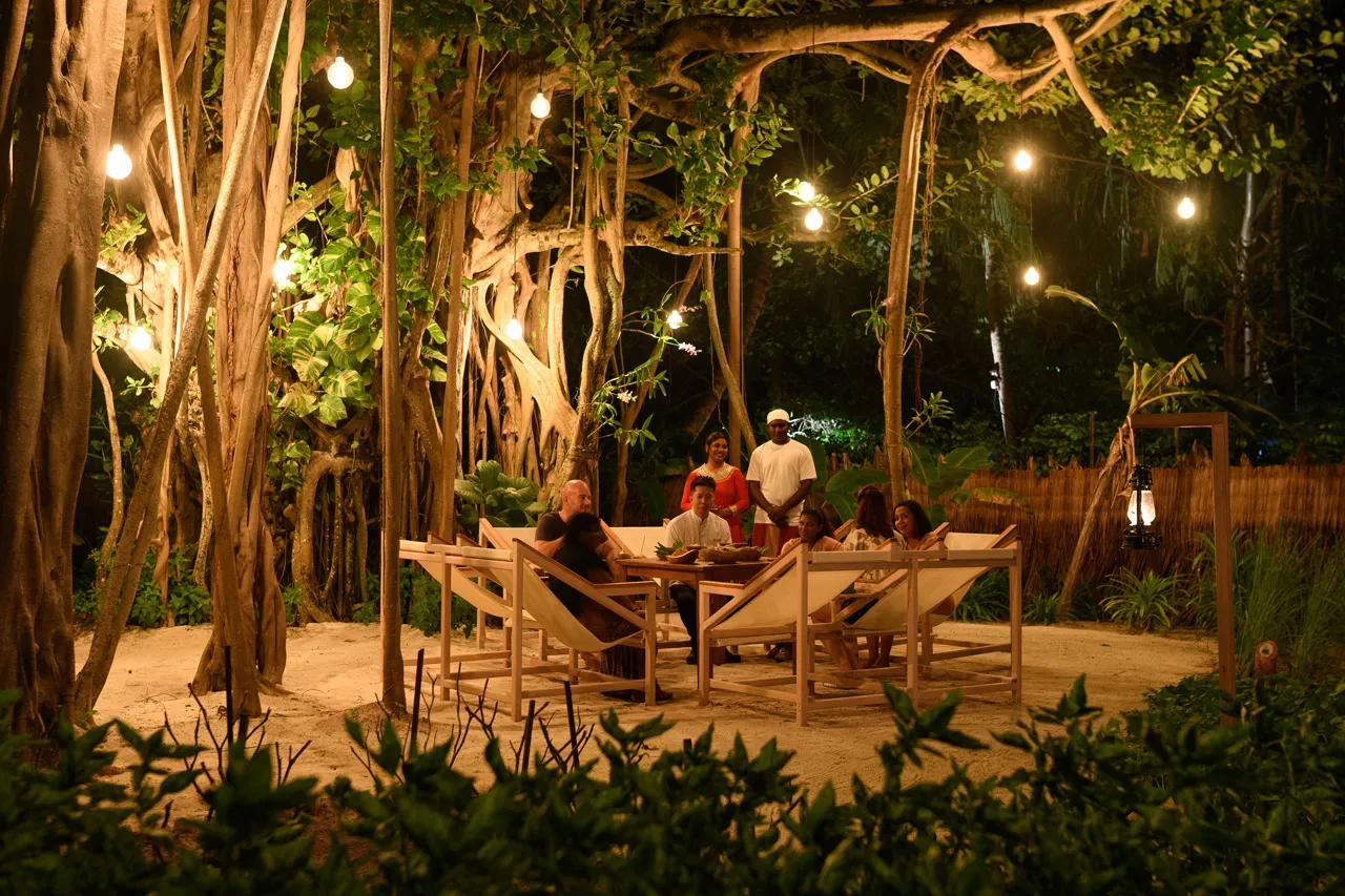 A dinner at Amaa’s Kitchen under the great banyan tree, among hanging lights