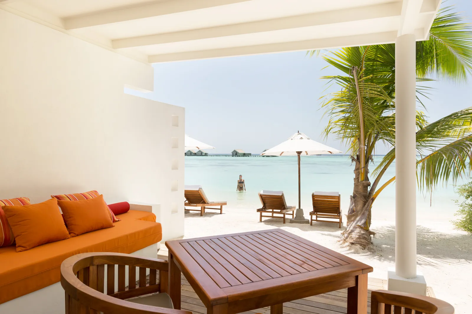 A Family Lagoon Pavilion’s terrace, open to the beach and the lagoon