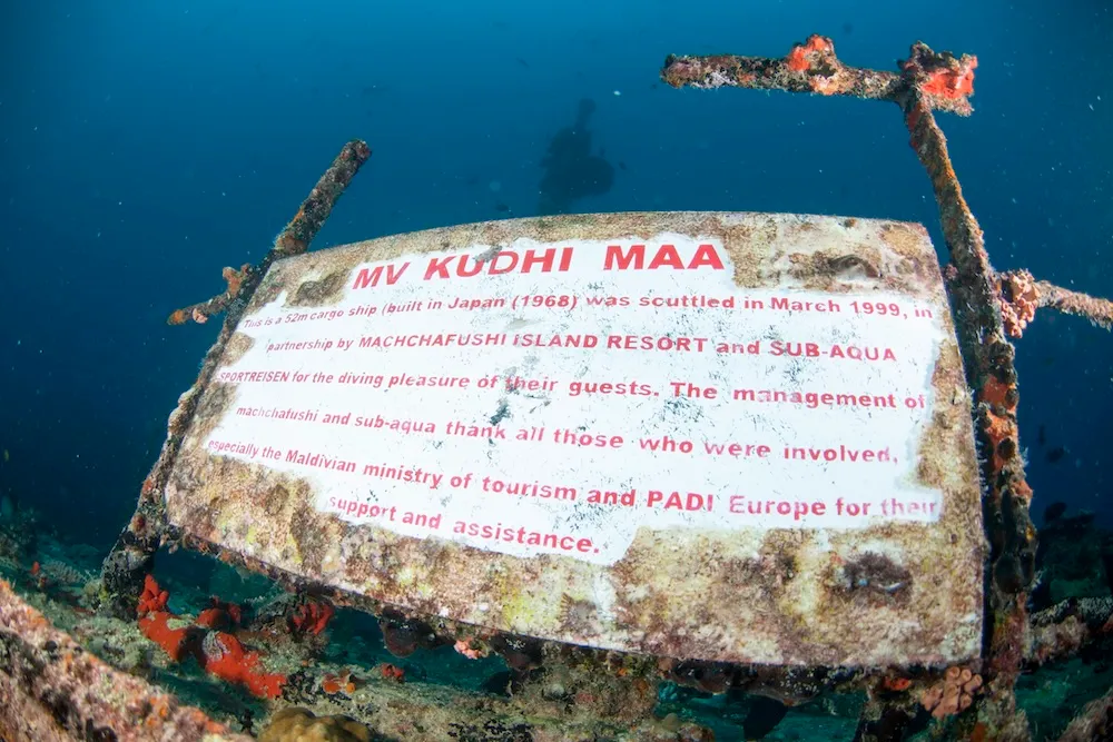 The Kudhi Maa wreck’s plaque on the seabed: a cargo ship built in Japan, scuttled in March 1999.