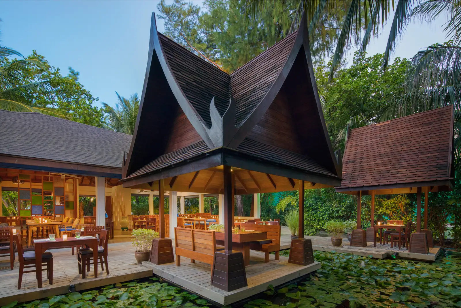 Suan Bua, the Thai restaurant: its dark wooden peaked roofs and the tables on the terrace above the lotus pond.