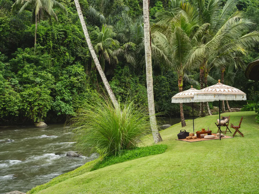 A picnic laid on the lawn by the Ayung, under parasols