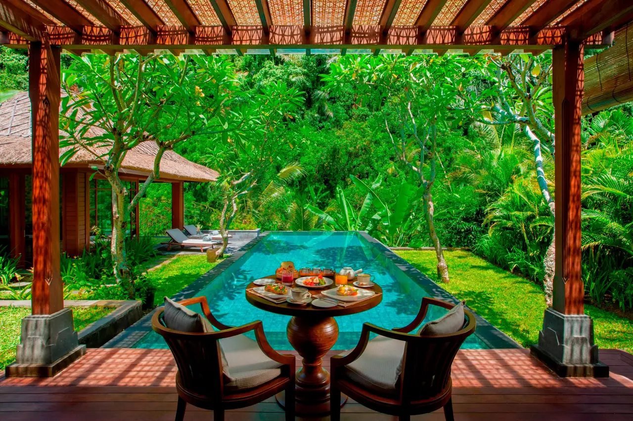Breakfast served in a villa’s pavilion beside its private pool