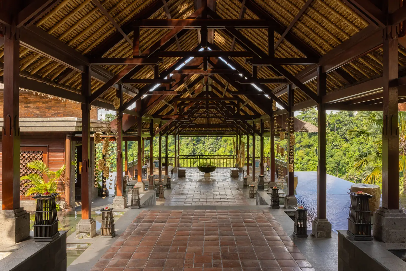 The Wantilan, the entrance pavilion under its timber roof, open to the valley