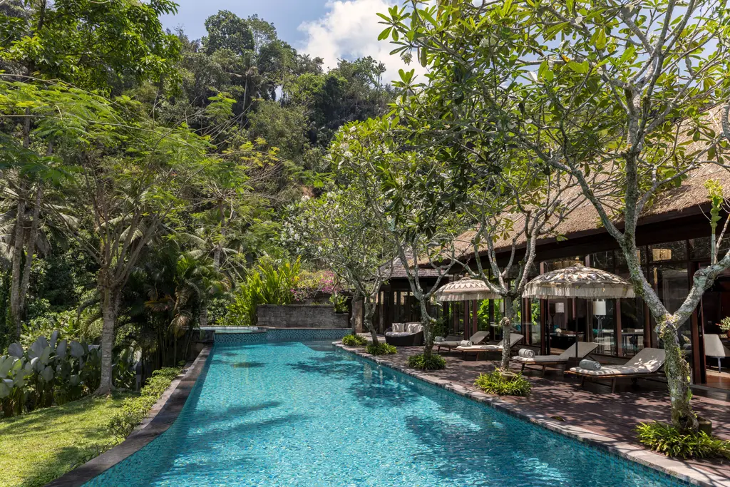 The pool of The Mandapa River Estate, between the garden and the jungle