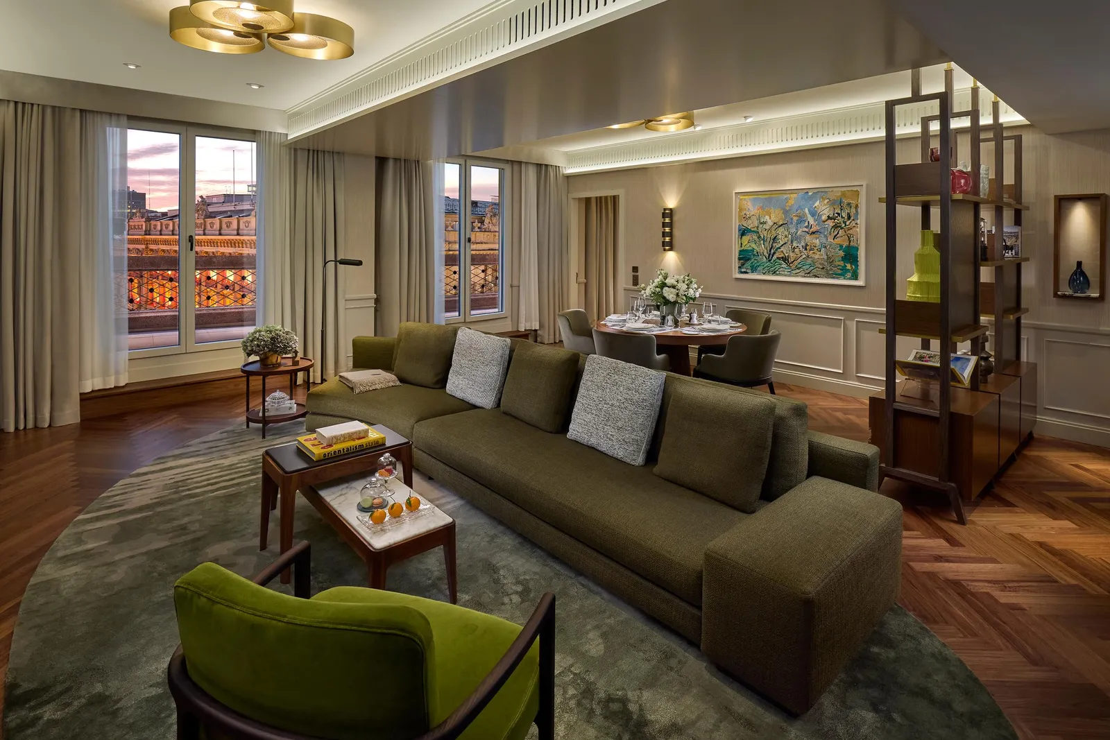 Penthouse dining table and sitting room