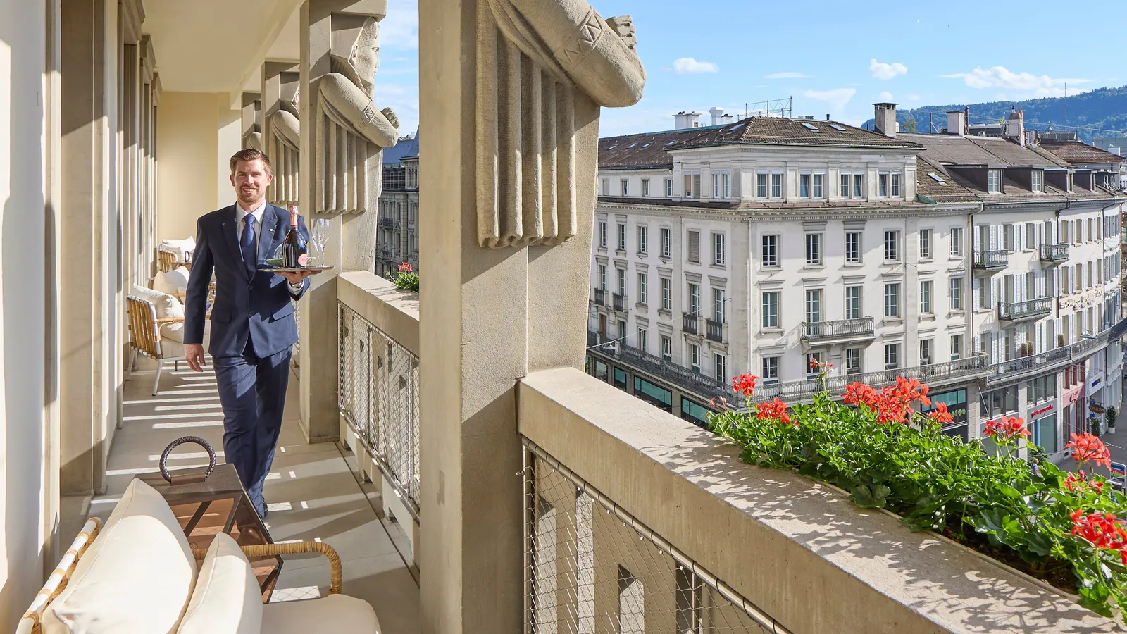 Presidential suite balcony overlooking the Paradeplatz buildings