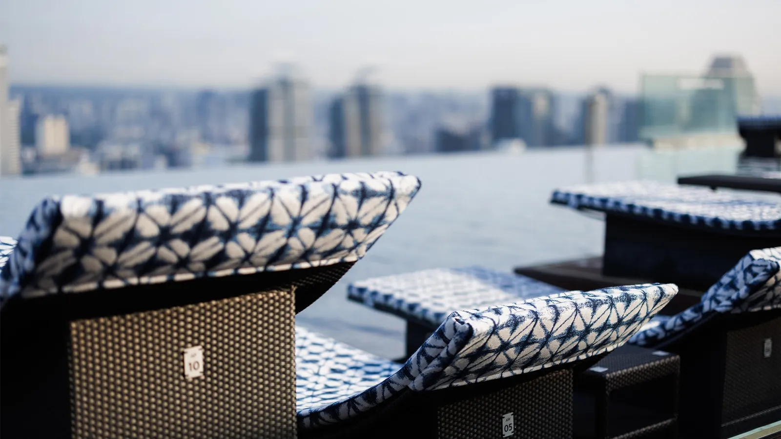 Loungers with blue-and-white patterned cushions at the pool’s edge, the skyline out of focus behind.