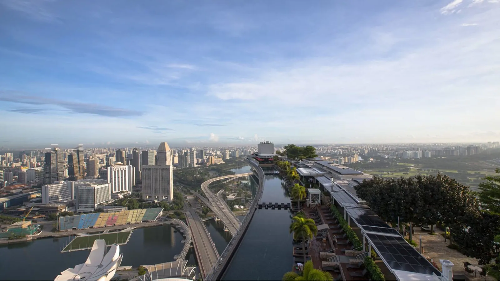 The SkyPark in the morning from above: the narrow pool between the trees and, below, the bay and the city.