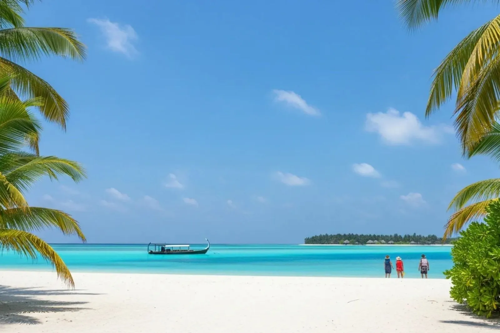 The white beach between palms, 3 people at the water’s edge and a dhoni anchored in the lagoon, with an island beyond.