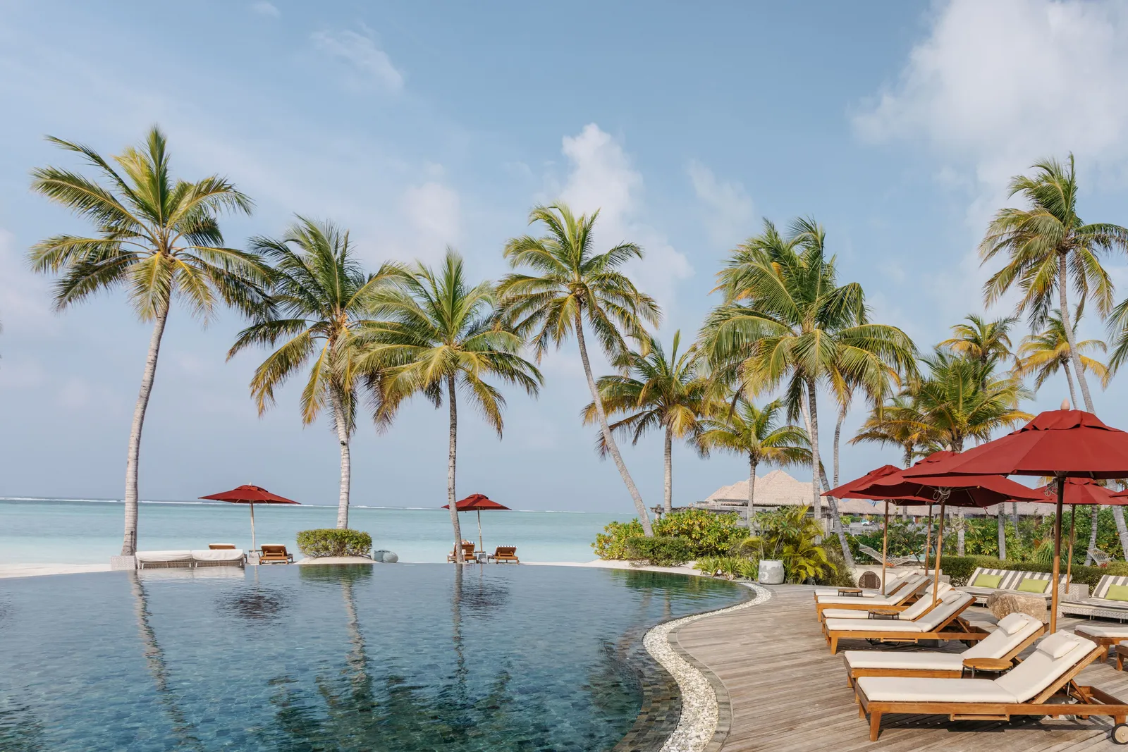 The infinity pool on the beach, with loungers along the edge, red parasols and palms in front of the sea.