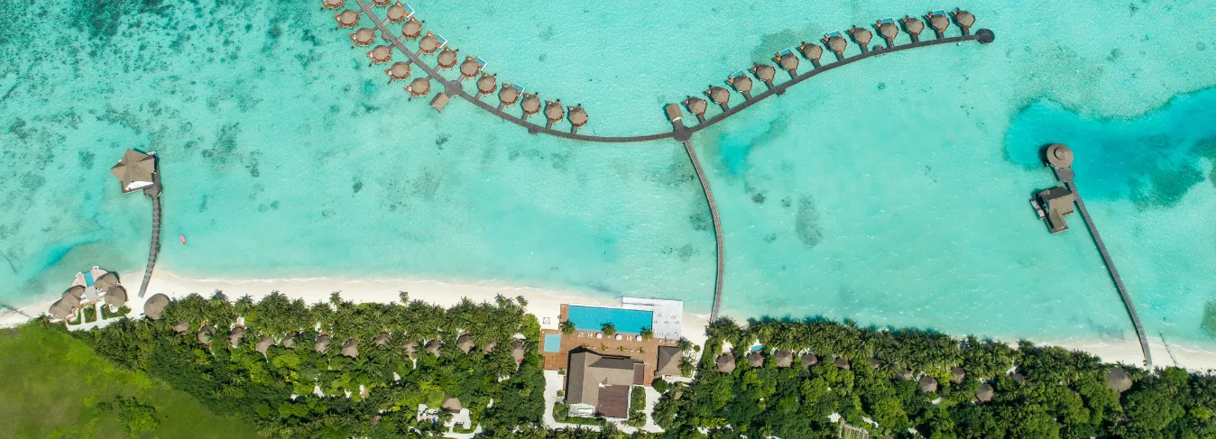 The island from above: the beach, the main pool among the palms and the 2 jetties of water villas over the reef.