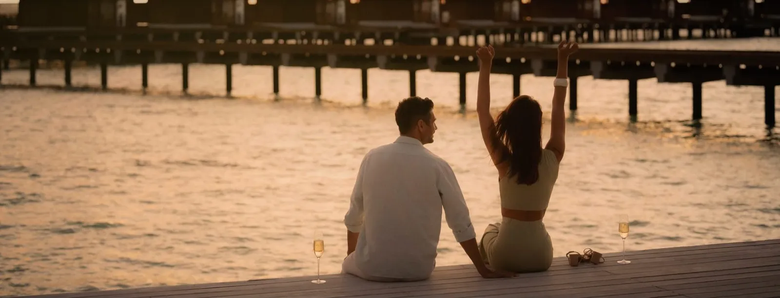 A couple sitting on the jetty at sunset with 2 glasses, the water villas behind them.