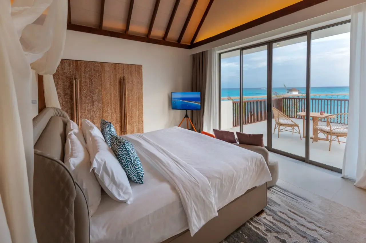 The upstairs bedroom overlooking the sea.