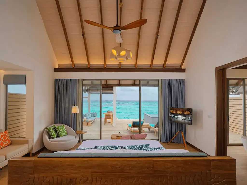 The bedroom looking towards the terrace and lagoon.