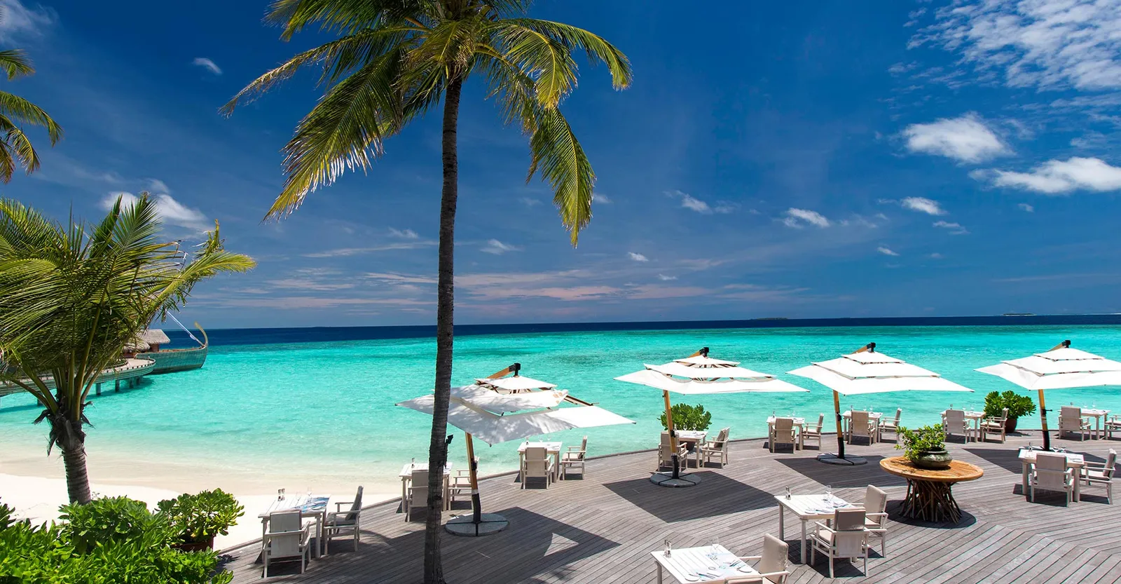 The Ocean Restaurant’s terrace and its white parasols, on the beach