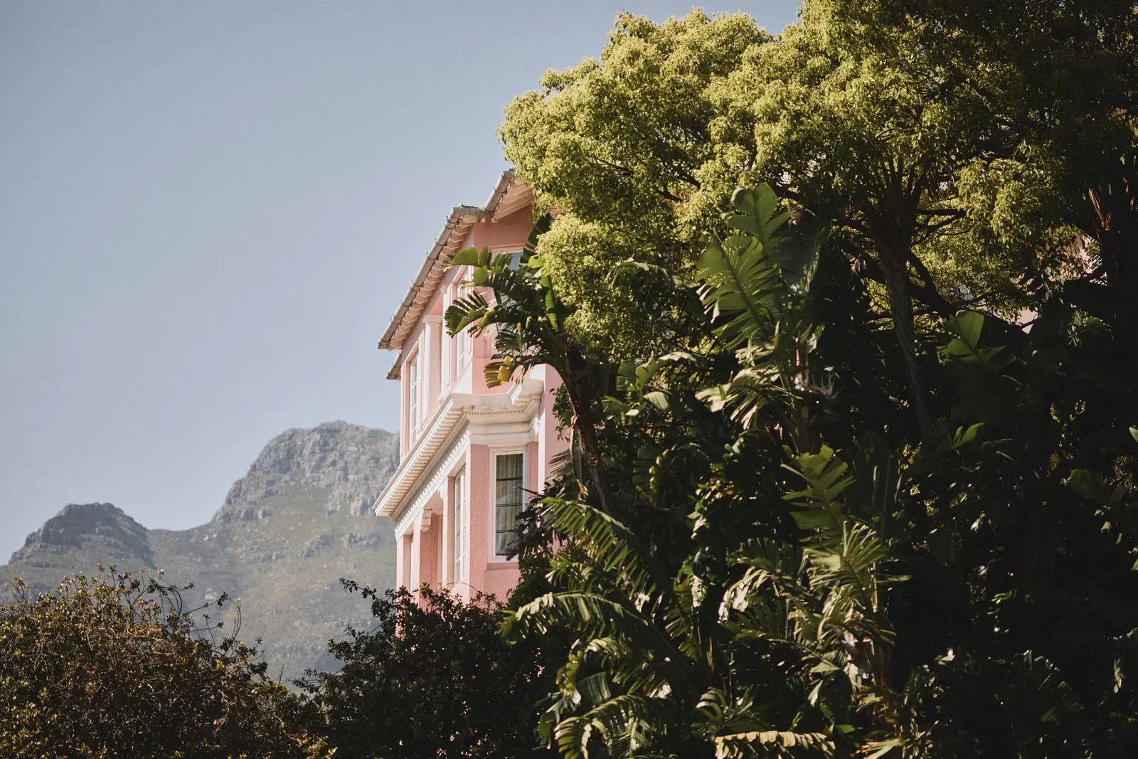 A pink wing of the hotel among the garden’s trees, the mountain behind