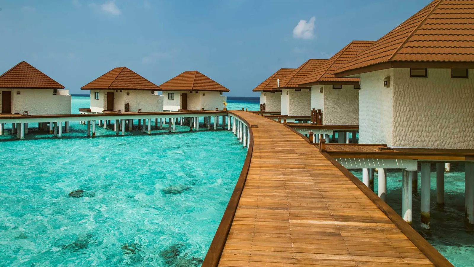 The timber walkway between the water bungalows, over the turquoise lagoon.