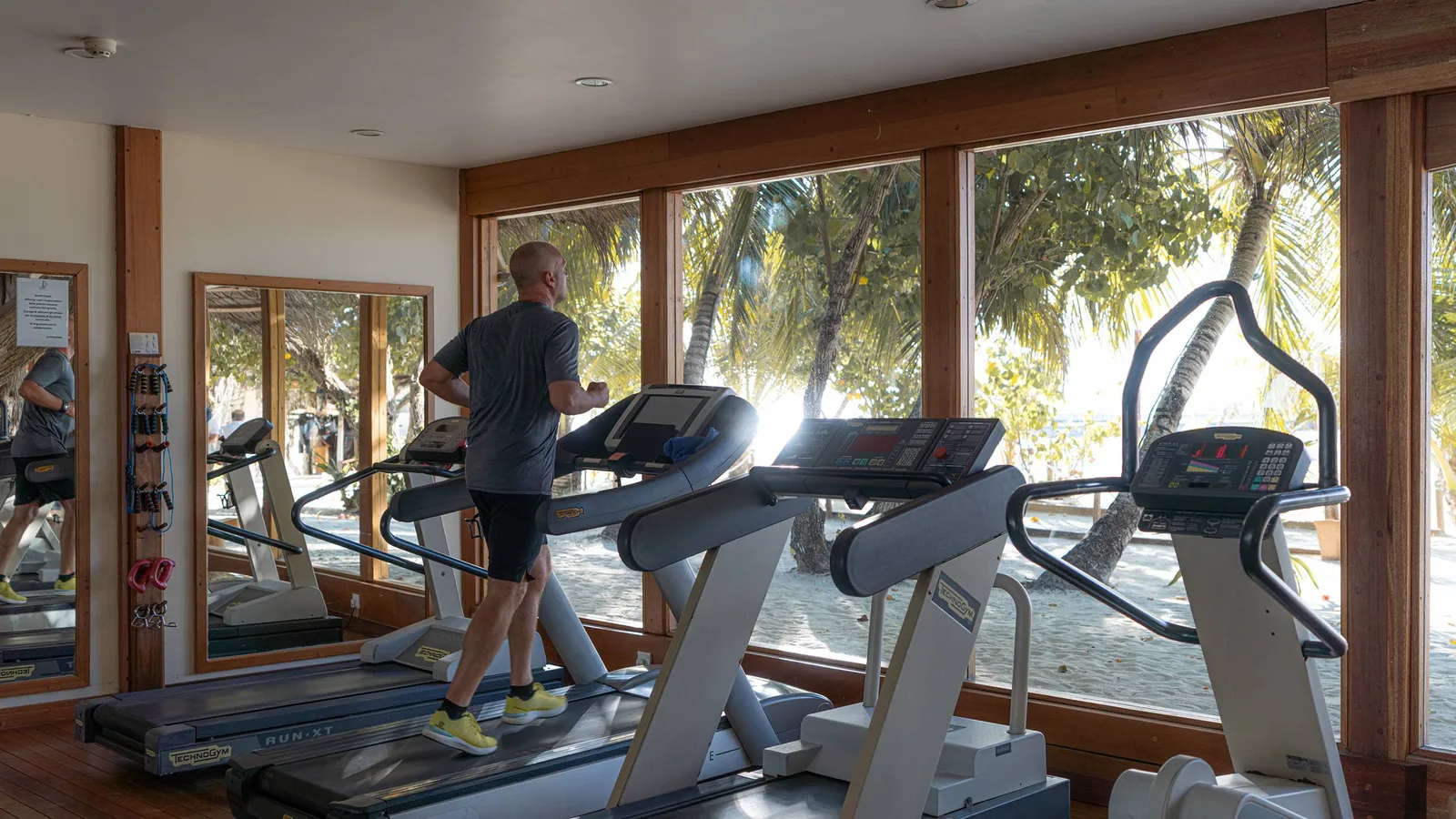 The gym, its treadmills facing windows onto the palms, a guest running.