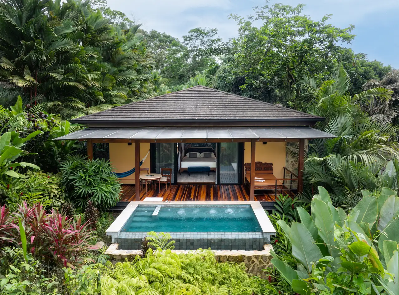 A Springs Villa among trees, its private pool in front of the terrace