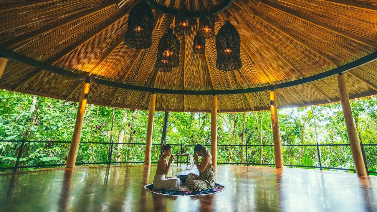 A person practising yoga in the pavilion surrounded by trees