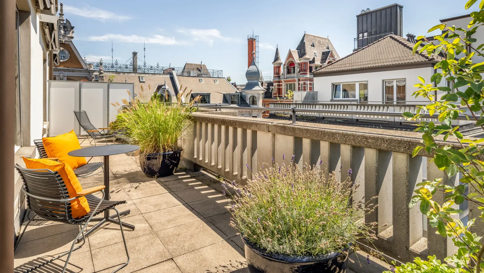The Castellan Suite’s rooftop terrace, with plants and Enge’s rooftops