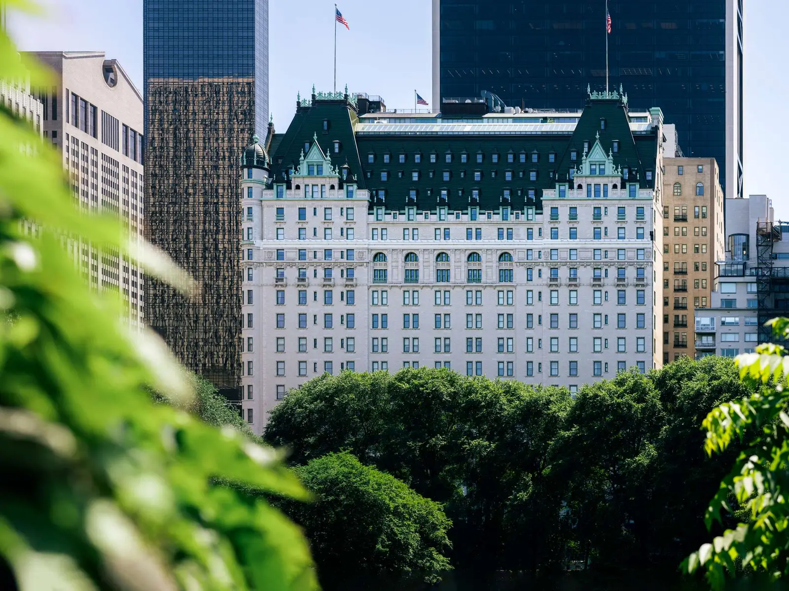 La facciata del Plaza e il tetto verde a mansarda, visti da Central Park sopra gli alberi