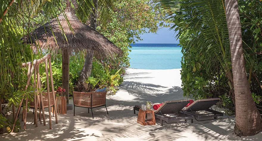 A beach villa’s garden: a thatched parasol, 2 loungers and the sandy path down to the sea.