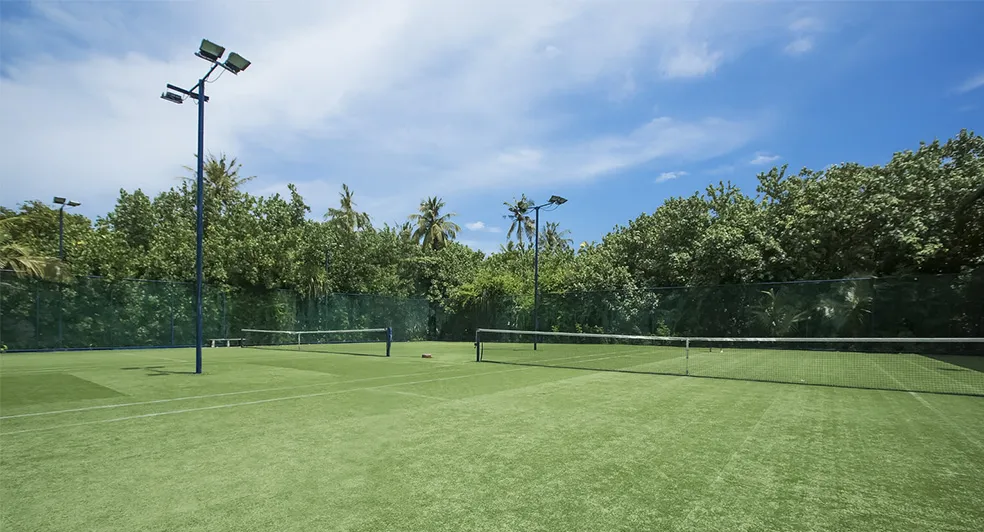 The artificial-grass tennis courts, with their nets, the floodlights and the trees all round.