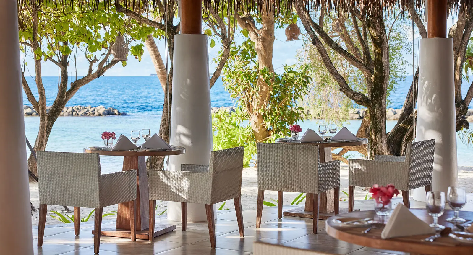 Sea Spray’s tables between white columns in the shade of the trees, with the sea and the rocks beyond.