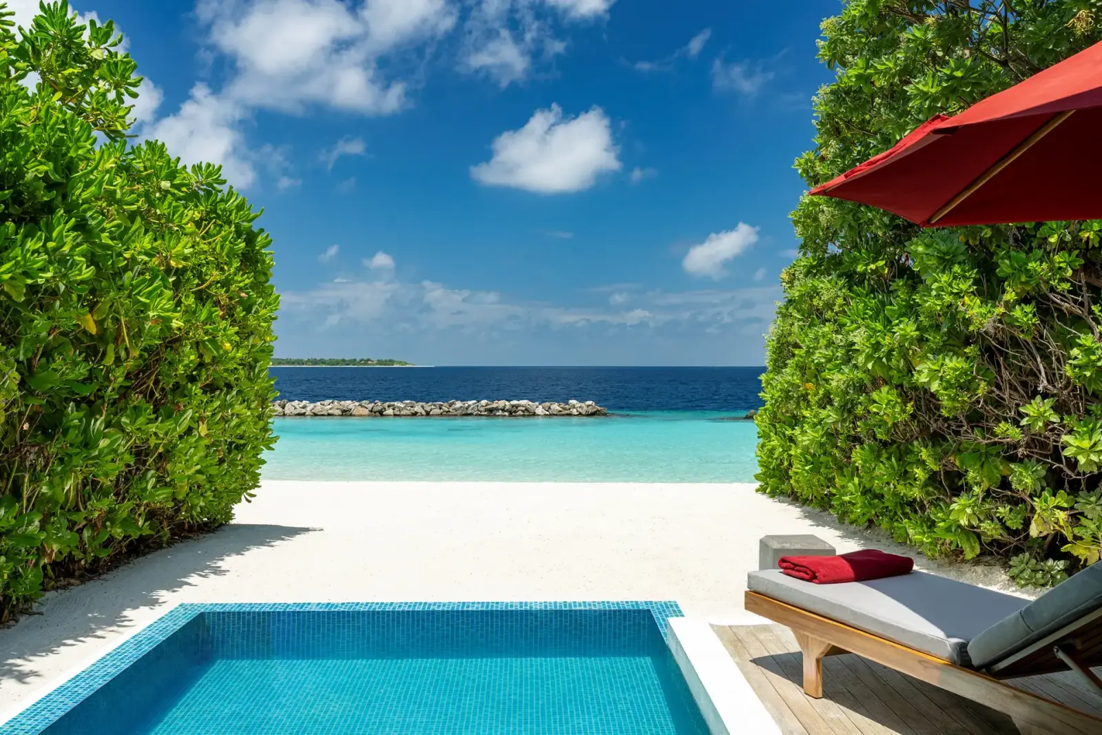 A Beach Villa with Pool’s plunge pool between 2 tall hedges, the beach and the rock breakwater beyond.