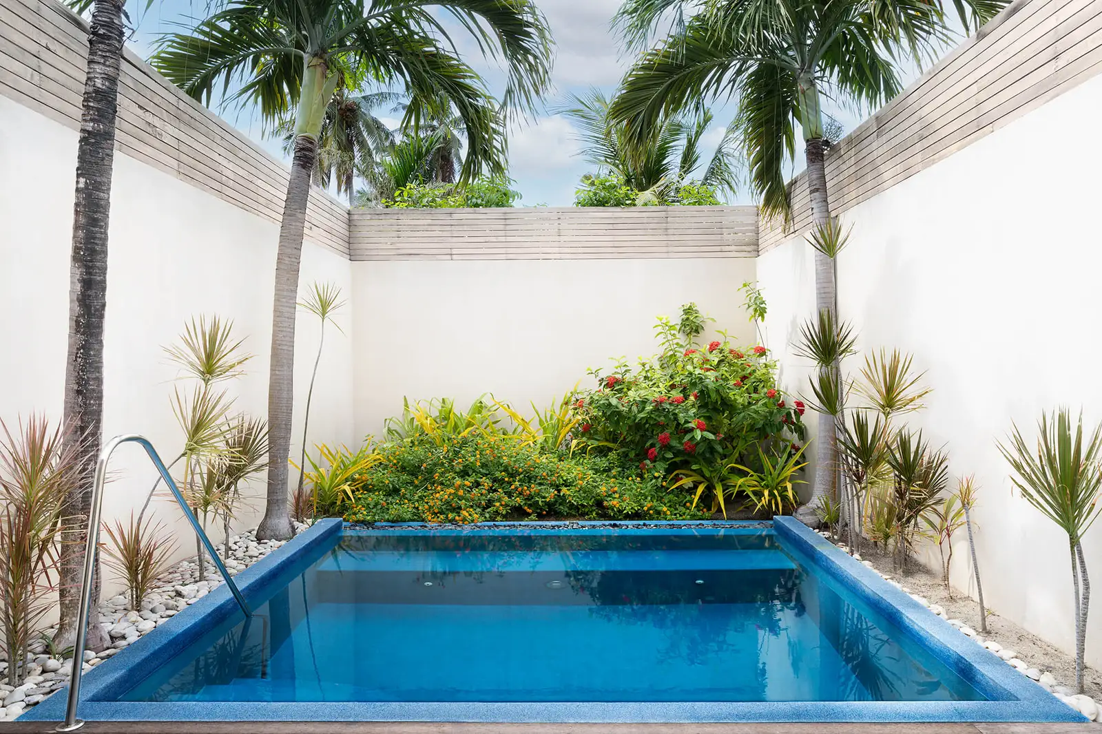 A Garden Pool Villa’s pool between white walls and palms