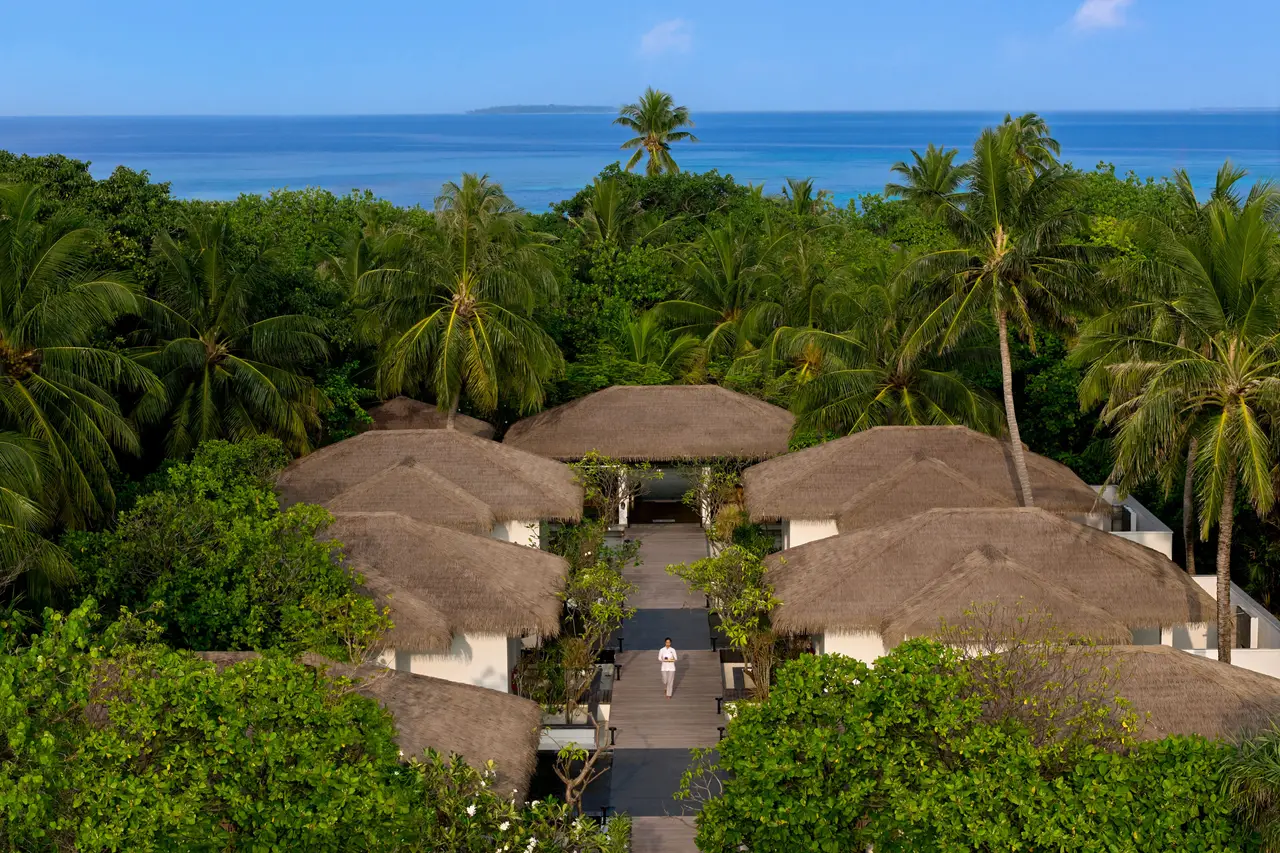 The spa from above: thatched treatment rooms along a walkway among the palms, with the sea behind.