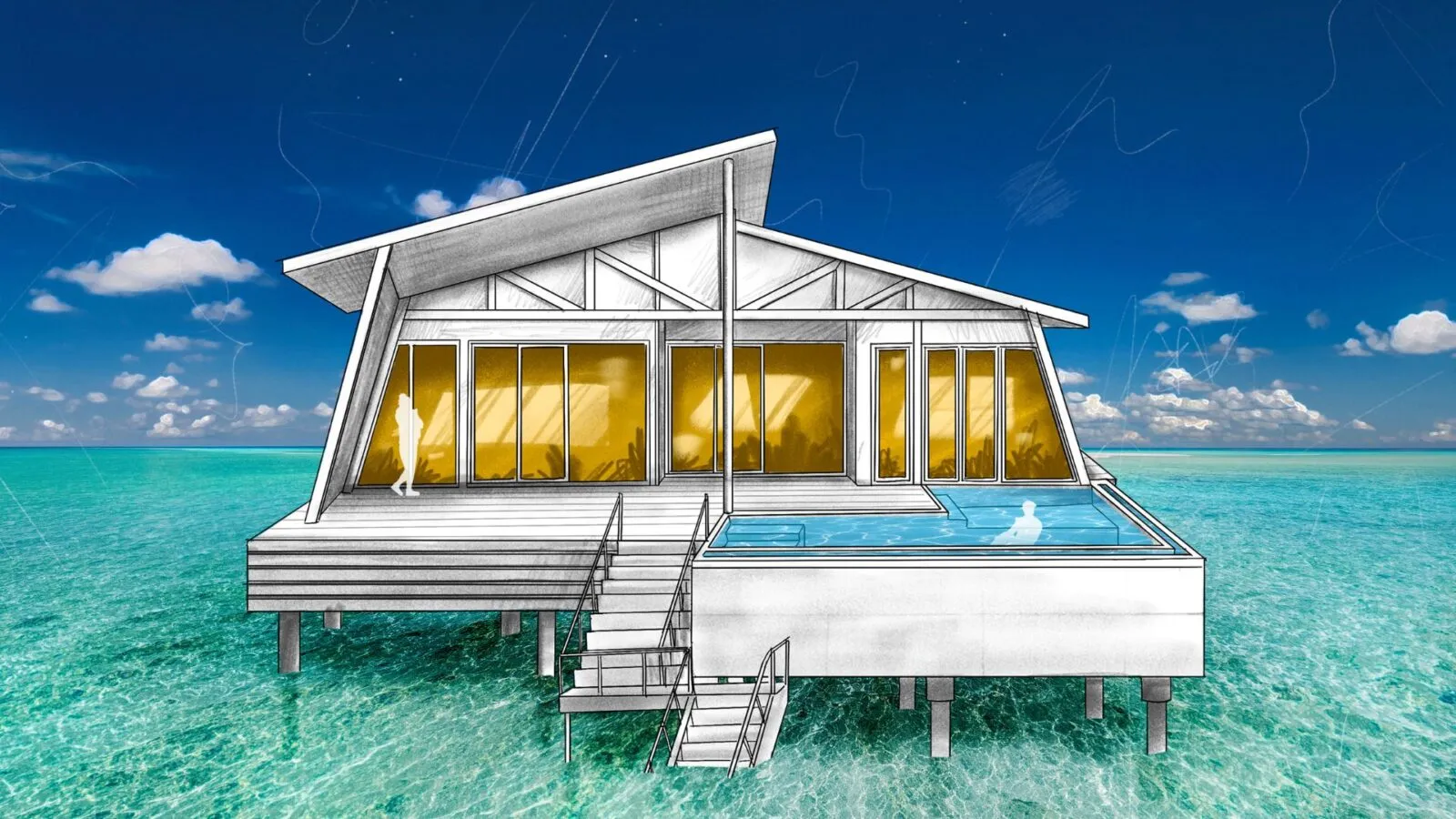 The official drawing of the Avi Water Suite: the villa on stilts with a pool on the deck and steps into the sea.