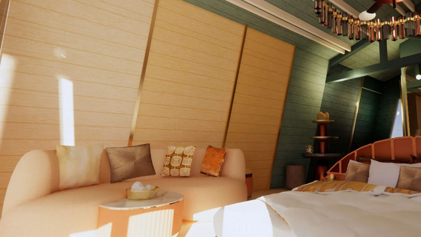 The official rendering of an Avi Water Villa interior: a pale sofa, gold tones and the bedroom open to the sea.