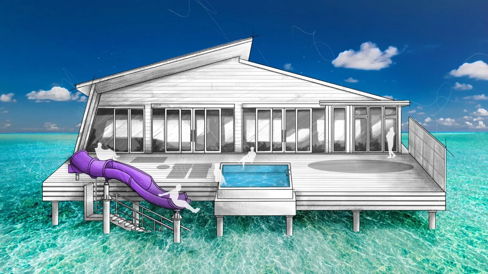 The official drawing of the Radhun Residential Suite: the largest villa on stilts, with its pool and purple slide.