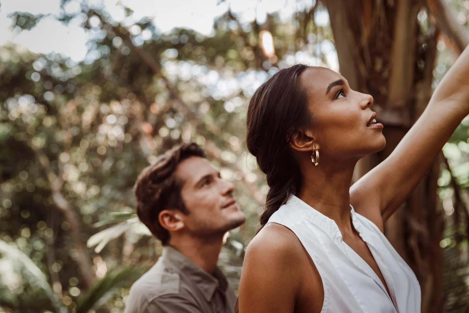 A couple looking up among the trees