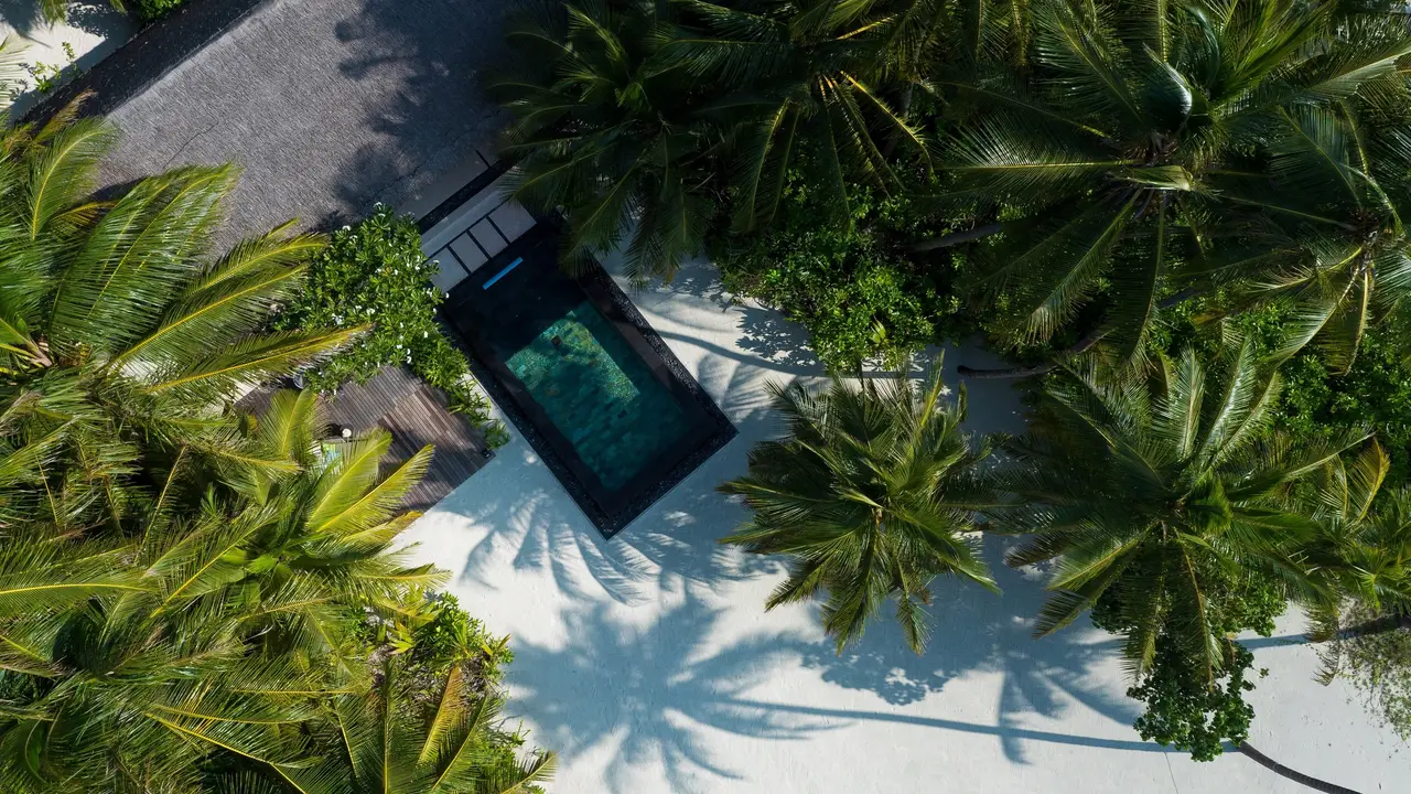 A Beach Villa With Pool from the air, its pool among the palms